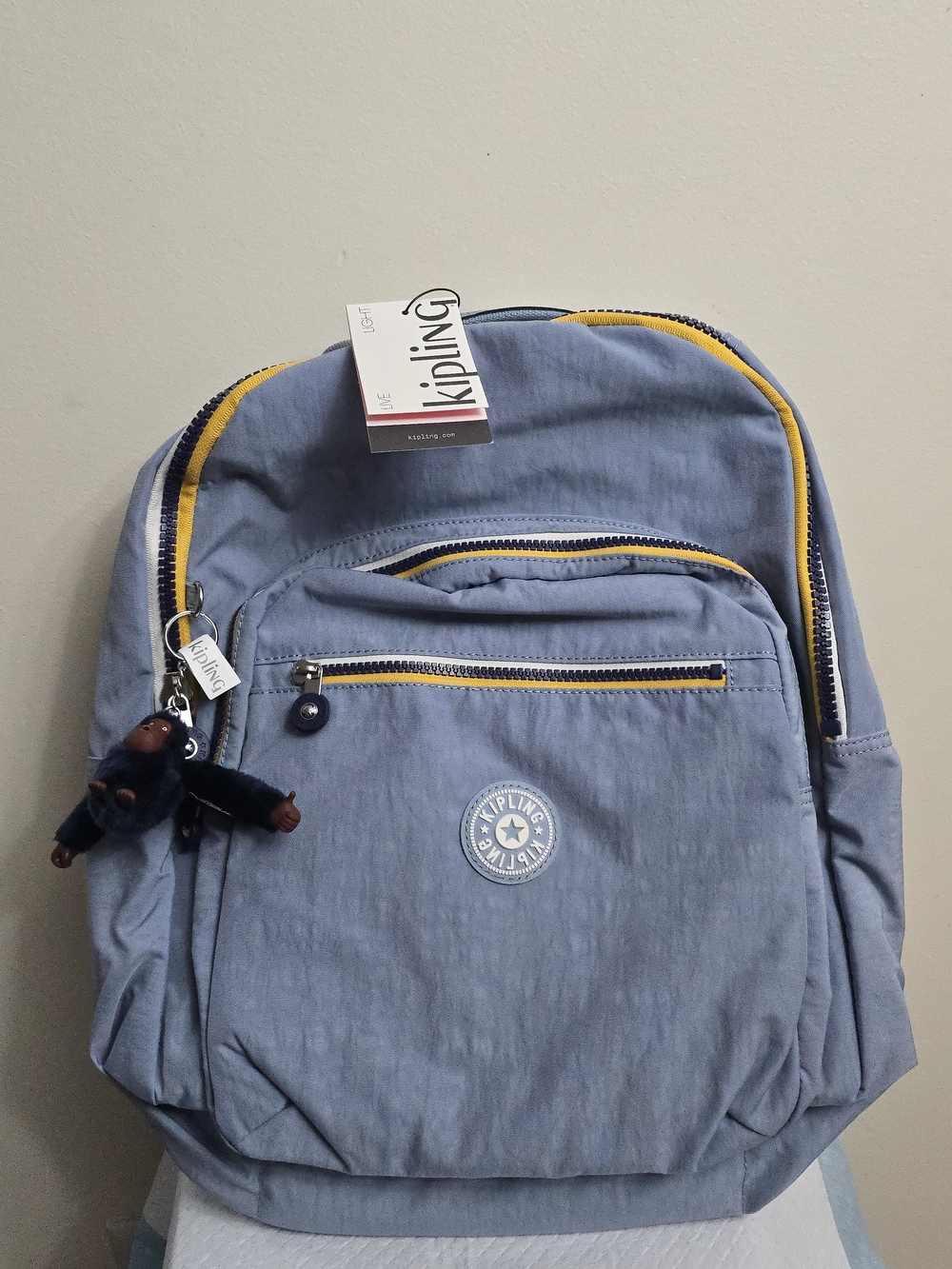 Kipling Blue Nylon Backpack with Yellow Trim